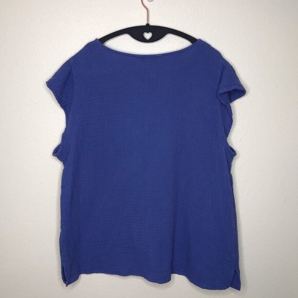 Three Dots Double Gauze Cap Sleeve V Neck Periwinkle Top Women Size Large - Picture 2 of 12